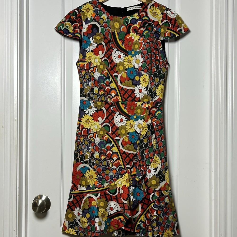 Alice + Olivia Cotton Multicolor Floral Print Kirby Ruffle Short Sleeve Dress